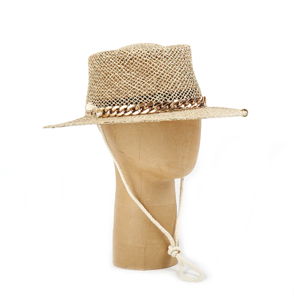 Fashion Acrylic Chain Straw Hat for Women, Spring Summer Sun Cap with Round Ring Top Salt Grass Design, Windproof Strap