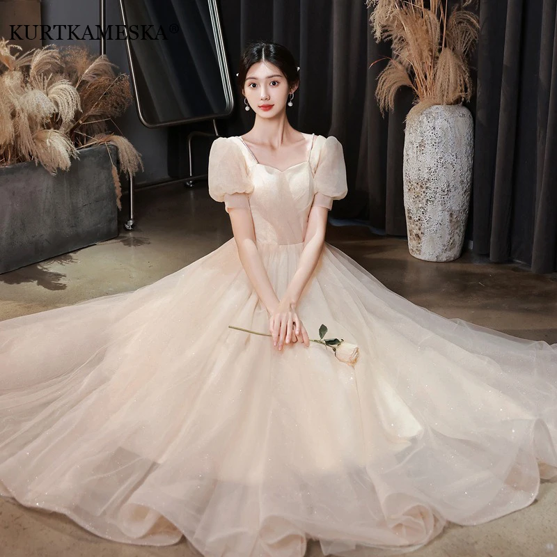 French Luxury Champagne Maxi Wedding Dresses for Bride 2025 Elegant Sexy Slim Puff Sleeve Long Prom Party Dress Women vestidos