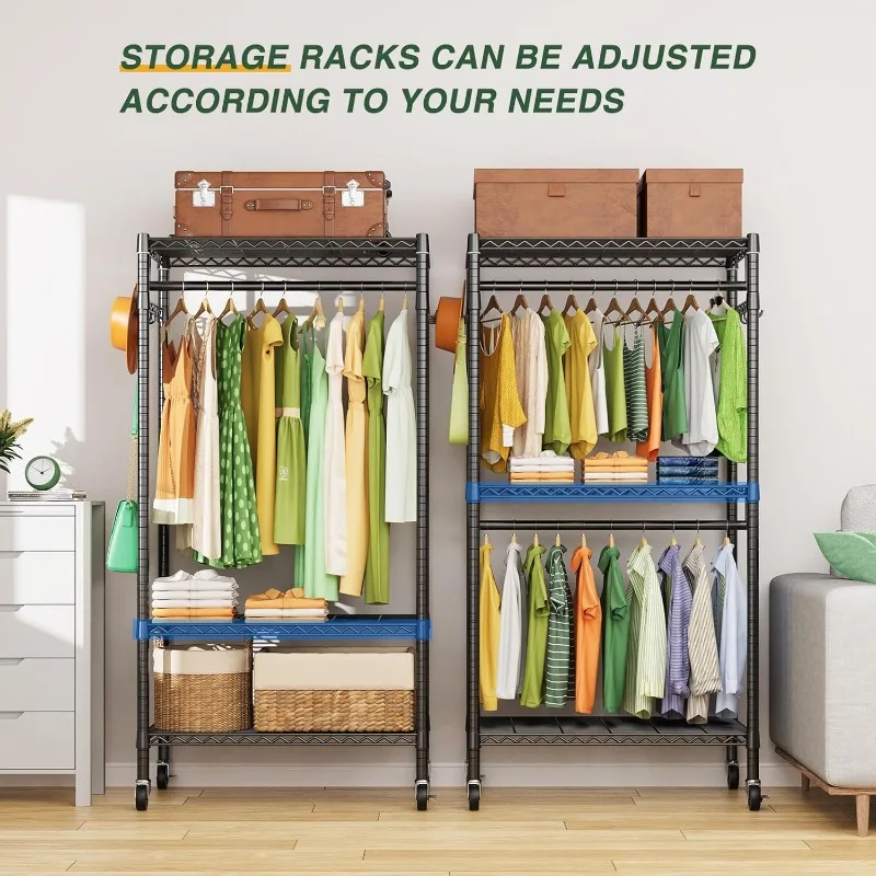 G1M Heavy Duty Clothes Rack,  Rolling Garment Rack for Hanging Clothes, Adjustable Wire Clothing Rack with Storage Shelves