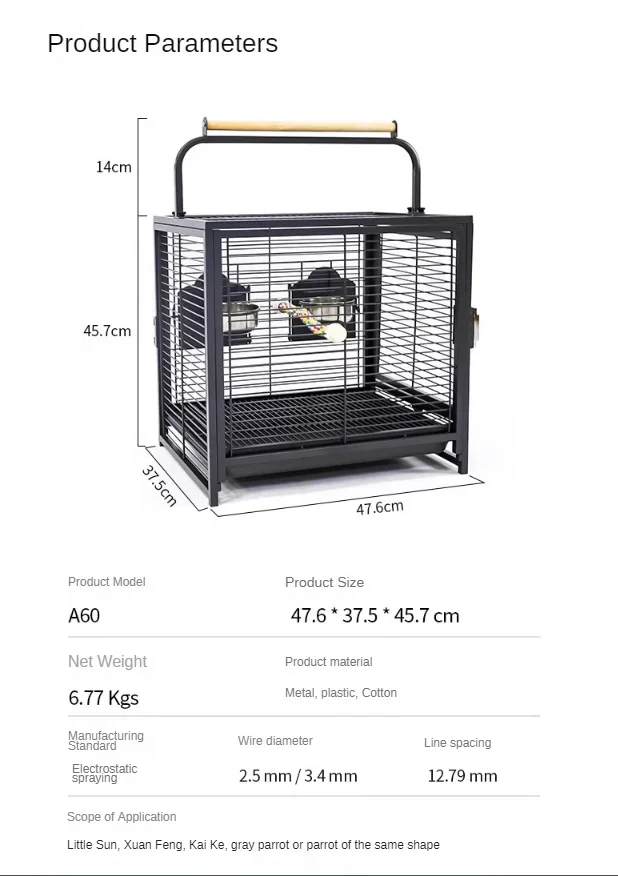 Gabbia per uccelli da viaggio Gabbia per uccelli da esterno Gabbia per uccelli in ferro Peonia Tigre Perla Gabbia per pappagalli 47,6 x 37,5 x 45,7 cm