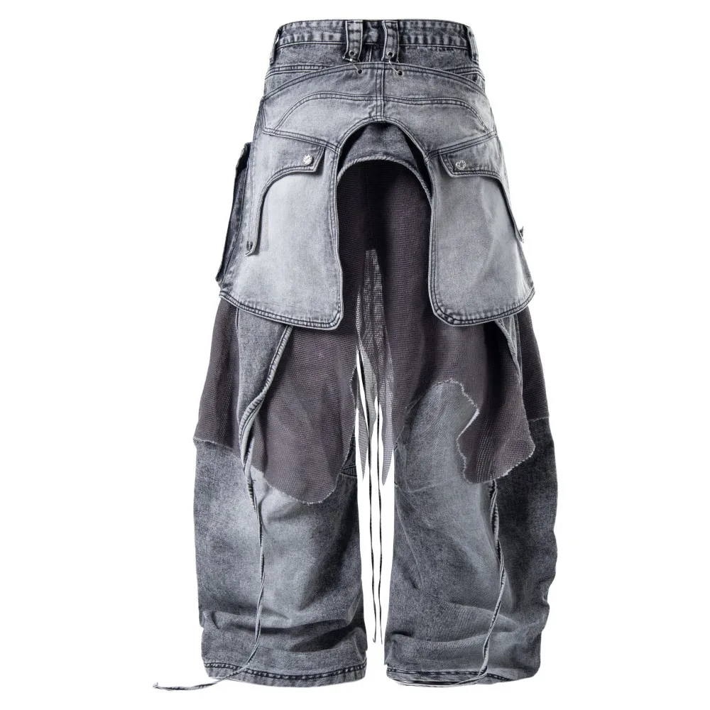 High Street Detachable Fake Two-piece Workwear Curved Knife Jeans Pants Men's Waste Soil Made Old Rough Edged Denim Pants
