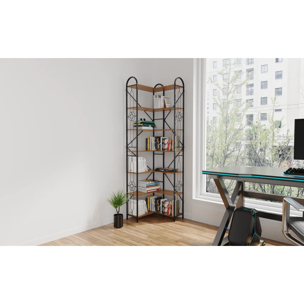7 Shelf Bookcase Modern High Bookcase Thickened Iron Frame and Thickened Laminate Composition Strong Load-bearing Capacity