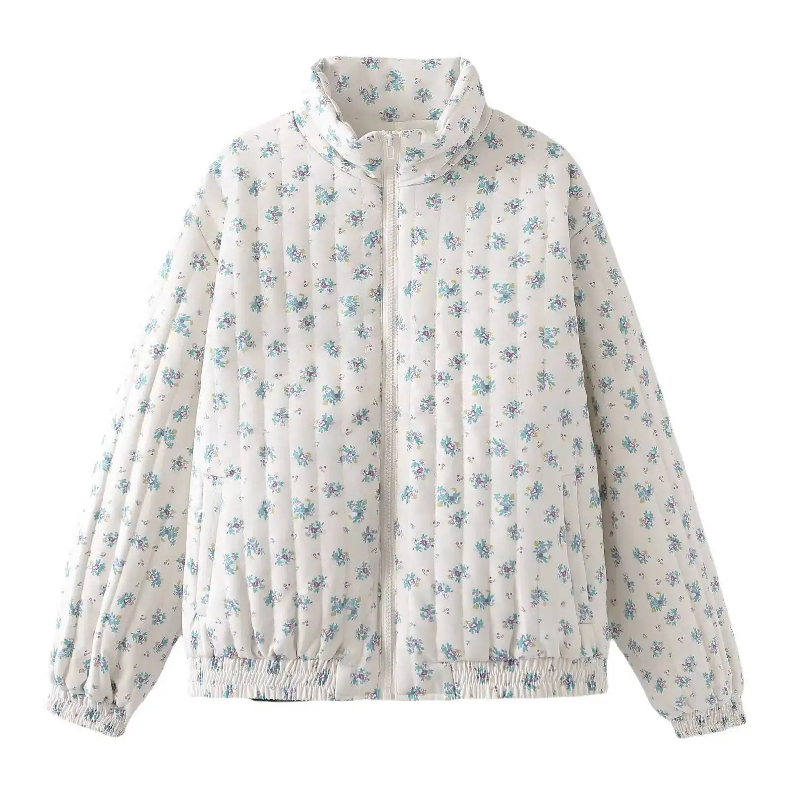 

2025 Autumn Women Sweet Flowers Print Parkas Coat Zipper Female Long Sleeve Loose Outwear