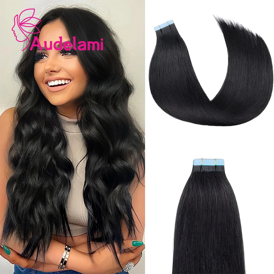 Audelami Tape In Hair Extensions Human Hair 10pcs 15g/pack Straight Real Human Hair 16-26 inches Skin Weft Natural Black #1B