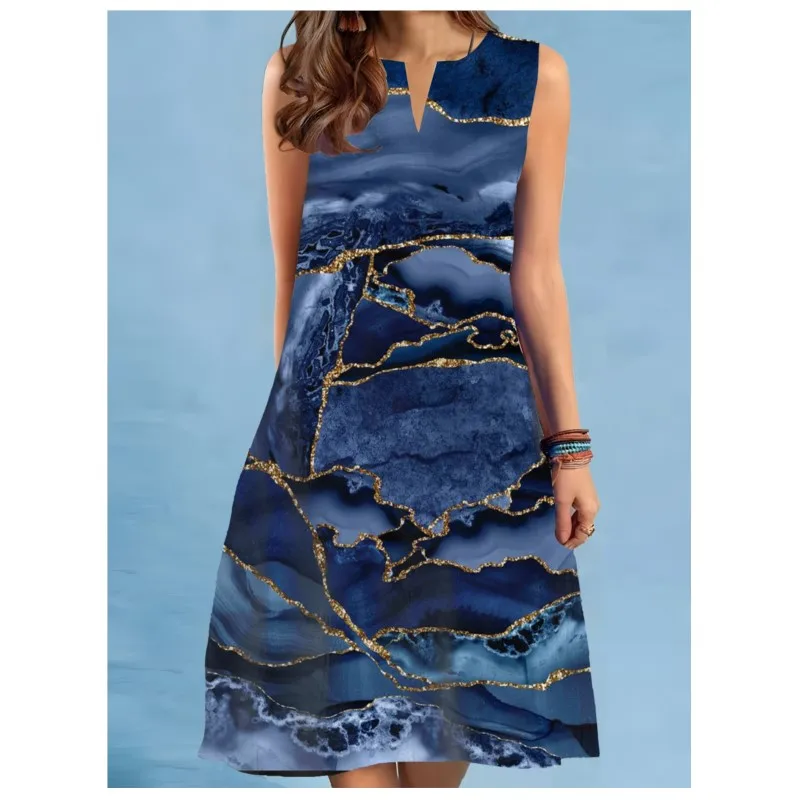 فستان نسائي جديد برقبة على شكل حرف v بدون أكمام بطباعة رقمية فنية قديمة كبيرة الحجم متأرجحة متوسطة الطول مع خصر فضفاض في الصيف Y2k 2026