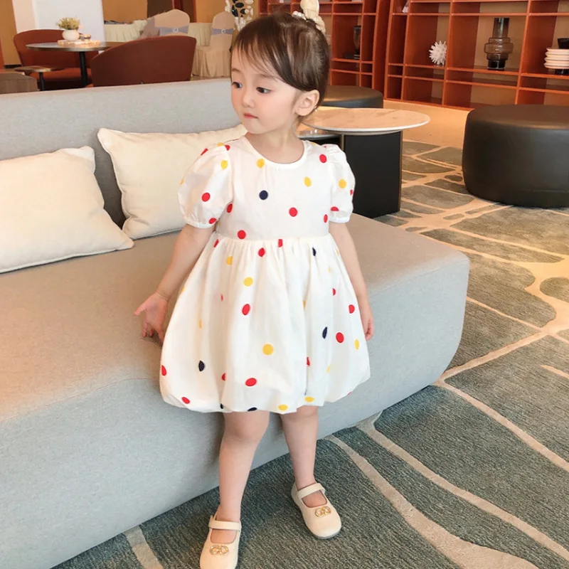 Girls' Polka Dot Tie Short Sleeve Dress Puff Sleeve Dress2025Summer New Foreign Trade Children's Wear Delivery