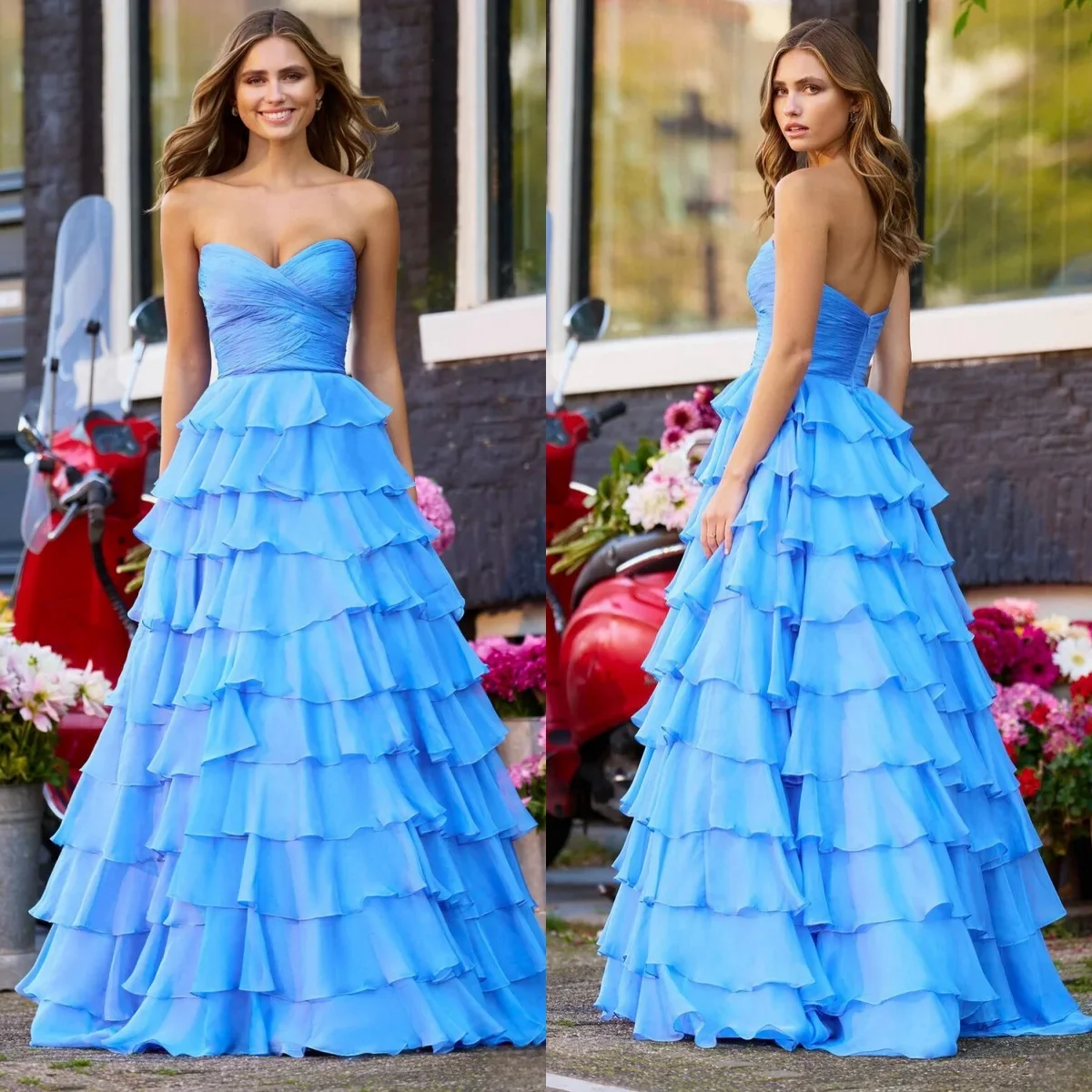 Ocasiões formais femininas vestido de baile azul sem costas, Elegante vestido de festa, Várias camadas, Vestidos de gala, Ocasiões formais