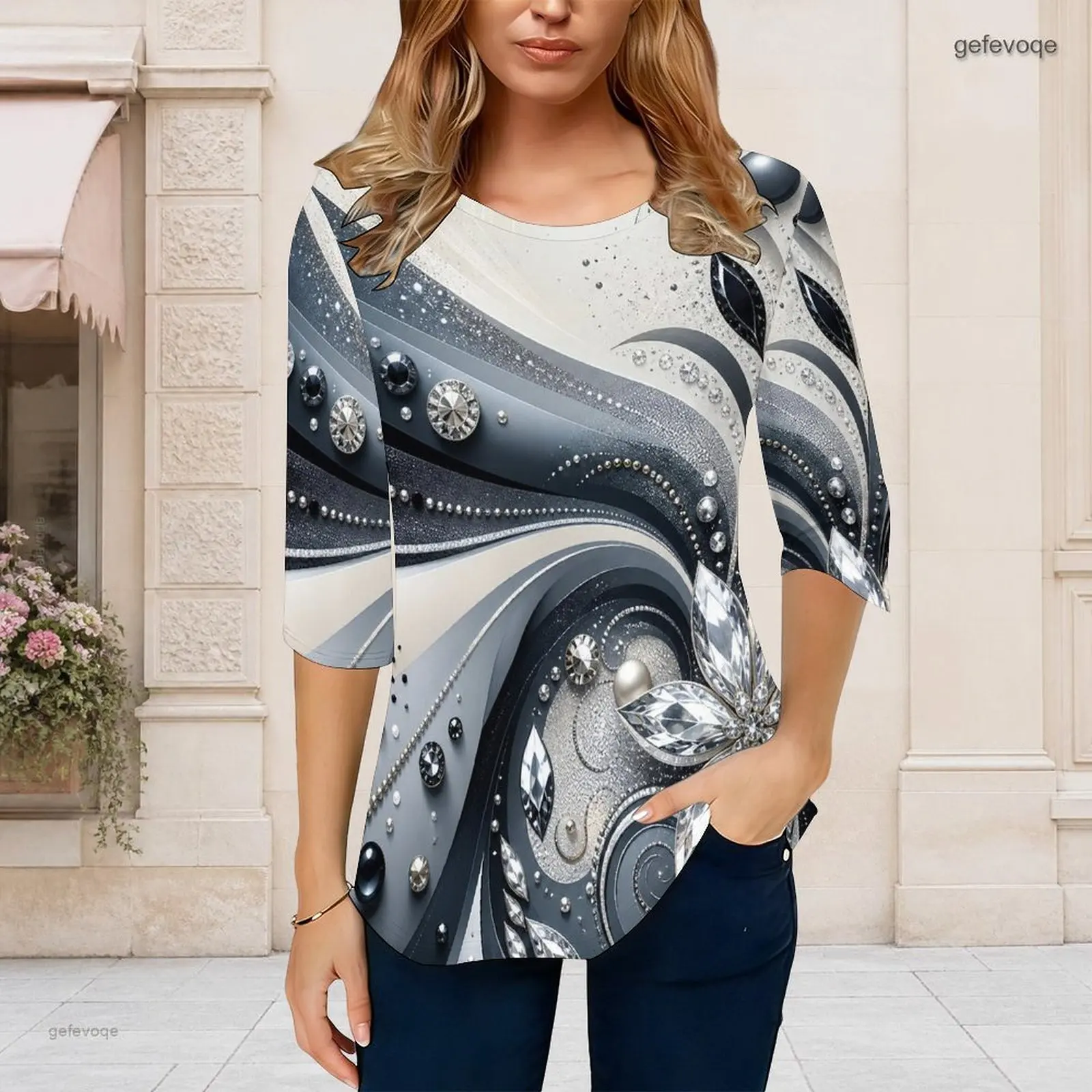 Women Black Golden Glitter Drip Printed Top Round Neck 3/4 Sleeve Curved Hem Casual Shirt