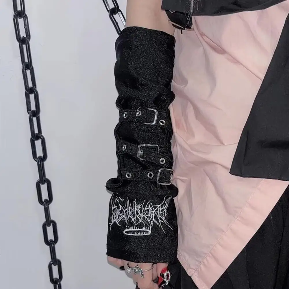 Creative Metal Buckle Arm Sleeves Dark Punk Y2K Sunscreen Gloves Embroidery Harajuku Cosplay Gloves Women