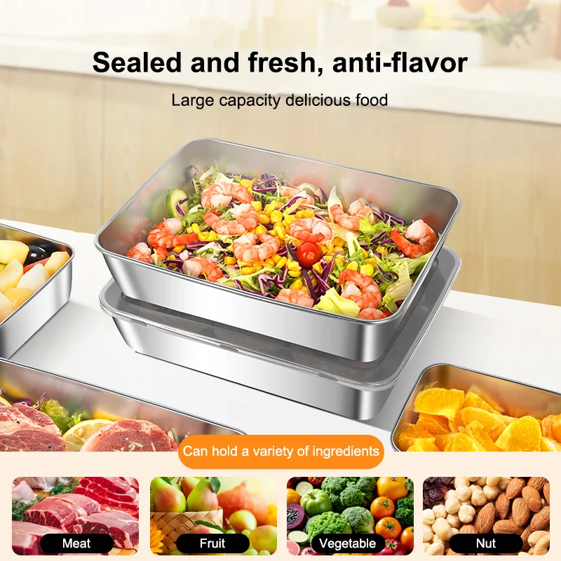 5pcs Rectangle Sausage Noodles Fruit Dish Stainless Steel Food Storage Box Fresh-keeping Box With Lid ,