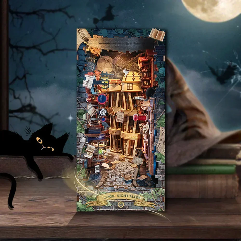Retro DIY Magic Night Alley Wooden Book Nook Shelf Insert Miniature Kits Bookshelf Home Decoratio