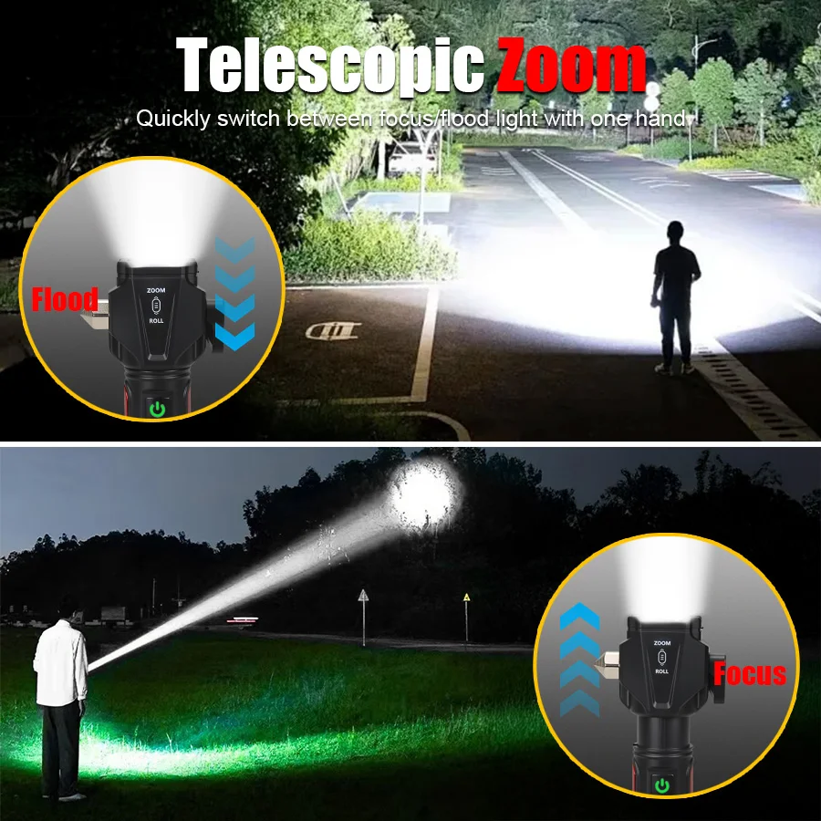 Torcia a LED super luminosa Torcia ricaricabile USB Lampada da campeggio con gancio a luce forte per esterni Torcia a martello Luce rossa di emergenza