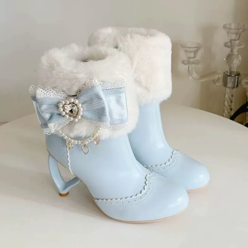 New Style Pink/White Retro Otome Heart Heel Booties Cute Bow Pearl Rhinestone Embellishes Elegant Lolita Ankle Boots For Women