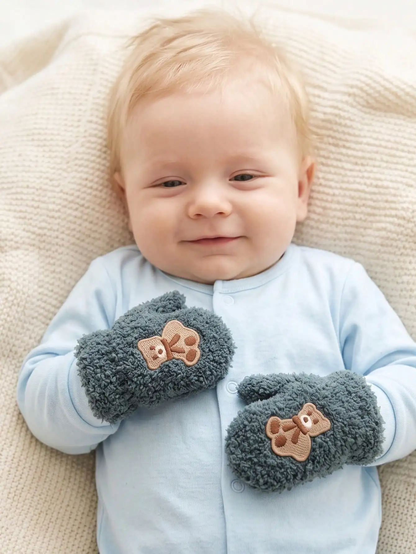 3Pairs 0-12M Boys Toddler Embroidered Bear Mittens Set, Plush Knit Mittens, Candy‑Colored Half‑Velour Gloves for Seasonal