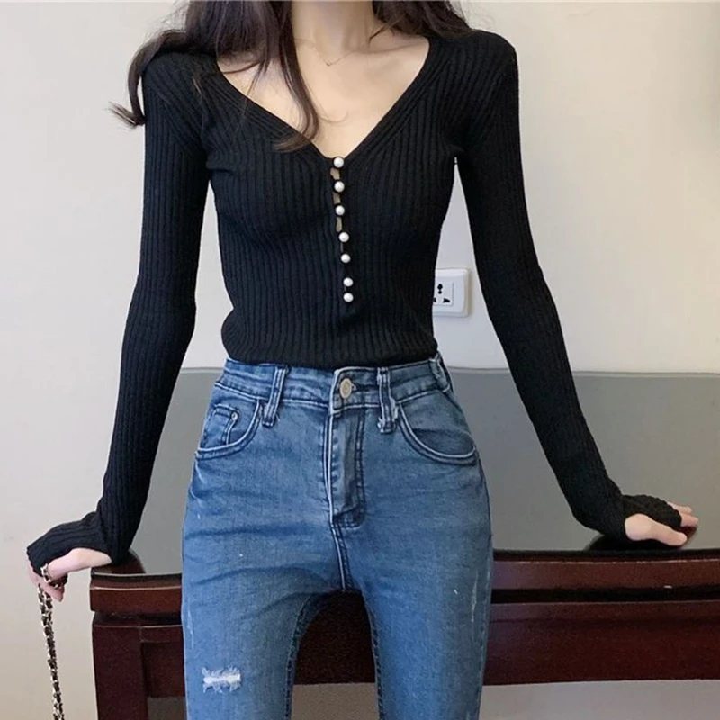 Autumn Winter Basic Sweater Women Sexy Pullovers Fashion Long Sleeve V Neck Y2k Clothes Knitwear Streetwear White Tops Jumpers