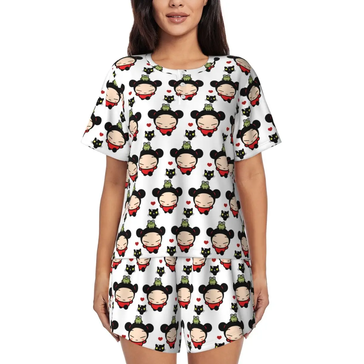 

Cute Lovely Cartoon Pucca Round Neck Short Sleeves Nightdress for Sleeping Sleepshirts Women Loose Pajama Set Short Pants