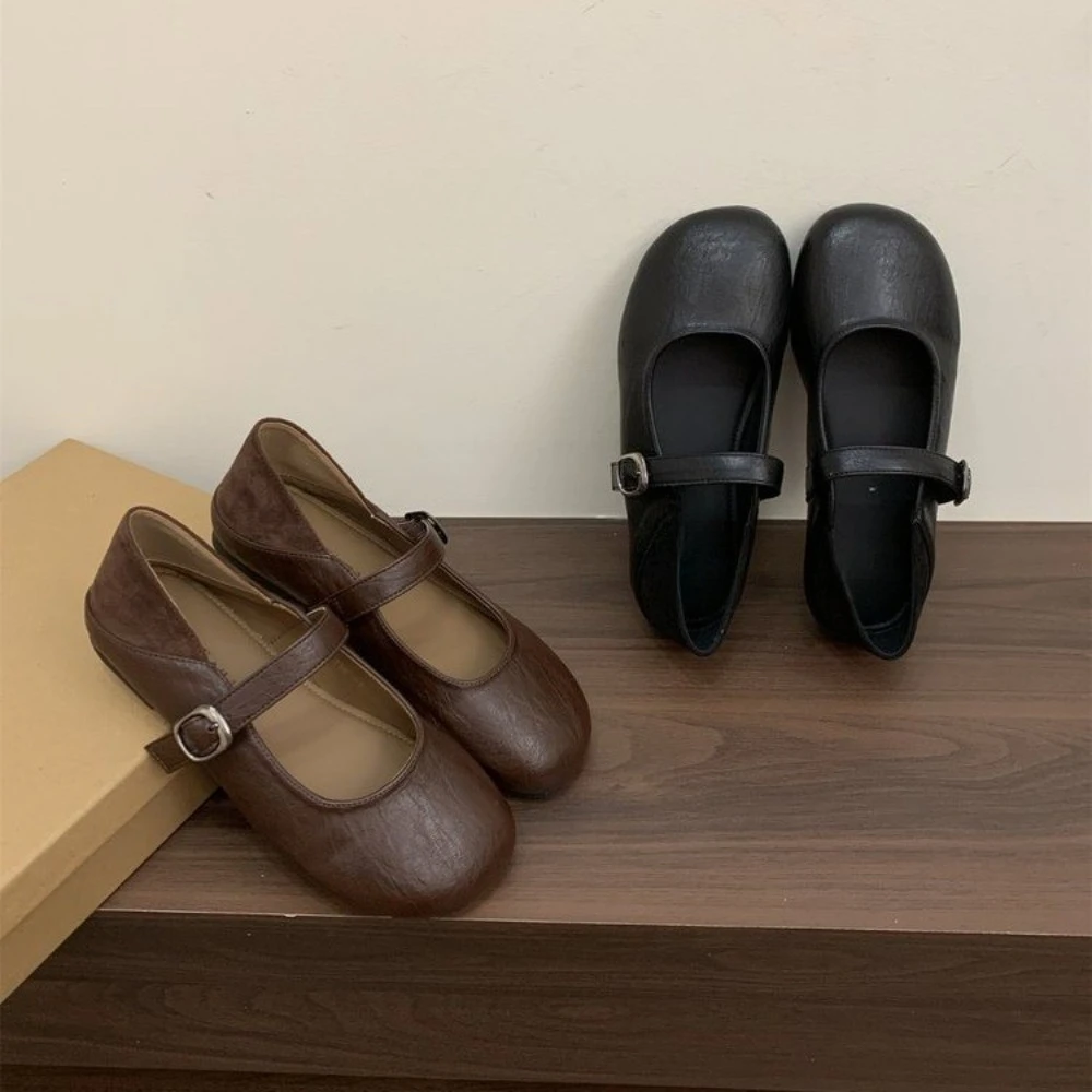 Spring Autumn Fashion Mary Jane Shoes Female Leather New Snap Ballet Shoes Women Square Toe Flat Cowhide Ladies Shoes
