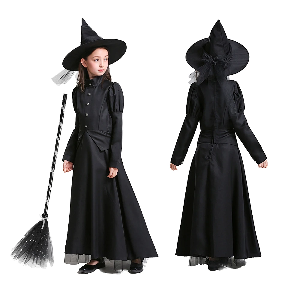 

Костюм ведьмы для взрослых и детей, черное платье с длинными рукавами и шляпой ведьмы, карнавальный наряд на Хэллоуин для родителей и детей
