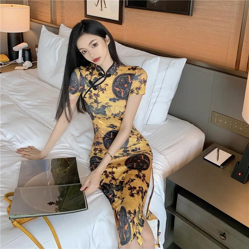 

Women Elegant Vintage Cheongsam Chinese Style Retro Print Slim Qipao Party Sexy Lady Split Yellow Dress Evening Dresses Vestidos