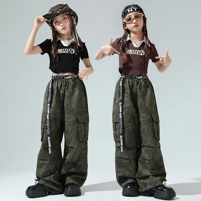 Kid Hip Hop Clothing Brown Lapel Crop Top T Shirt Camouflage Casual Ruched Cargo Baggy Pants for Girl Jazz Dance Costume Clothes