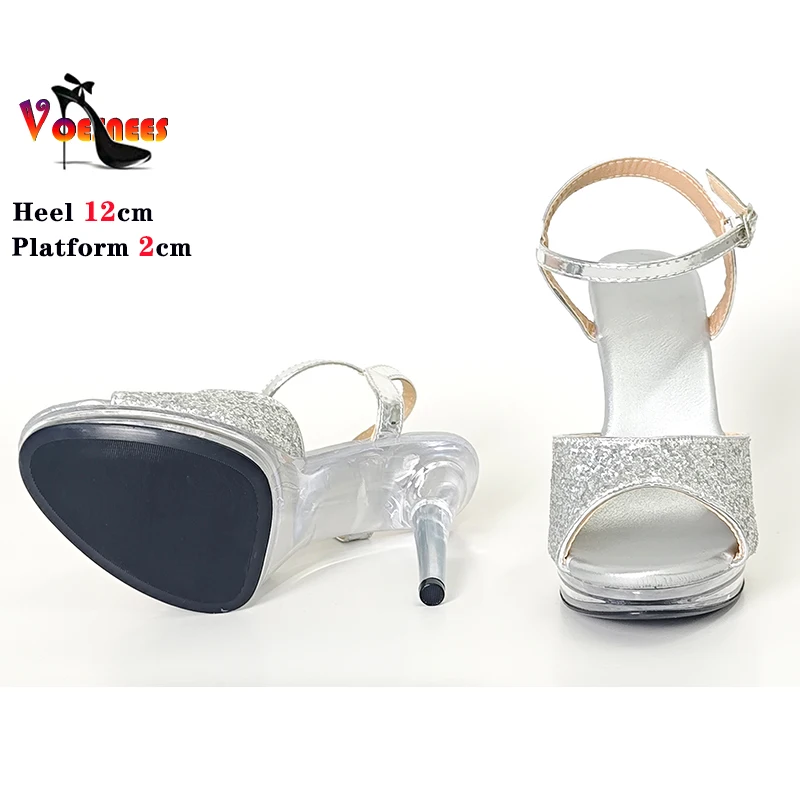 12cm Glitter Thin Heel High Heels Summer Sexy Fish Mouth Platform Crystal Open Toe Sandals Comfortable Female Sandals Party