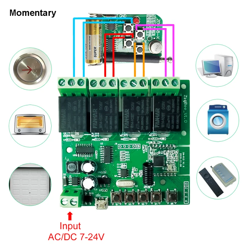 +RF433 4-way Self-locking Switch Control Module Smart Light Switch Module 10A Relays Work With Alexa