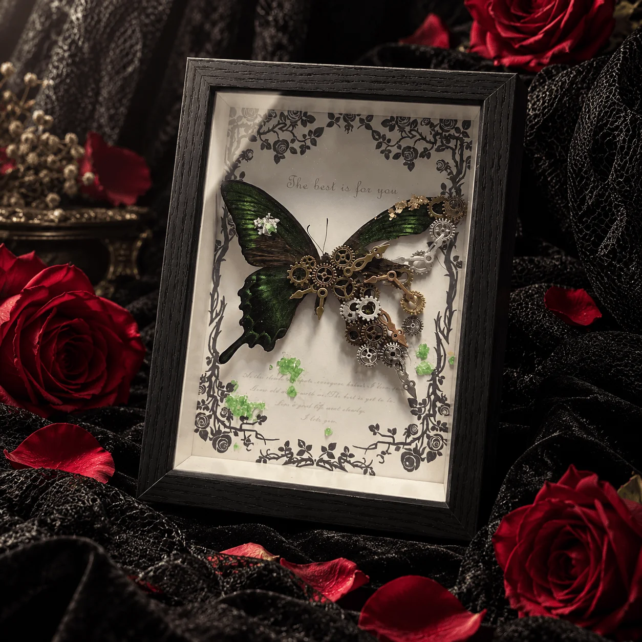 Cyberpunk Butterfly Box, Asymmetric Natural Wing & Metal Mechanical Art Decor for Desktop Shelf Display, Gothic Dark Romantic
