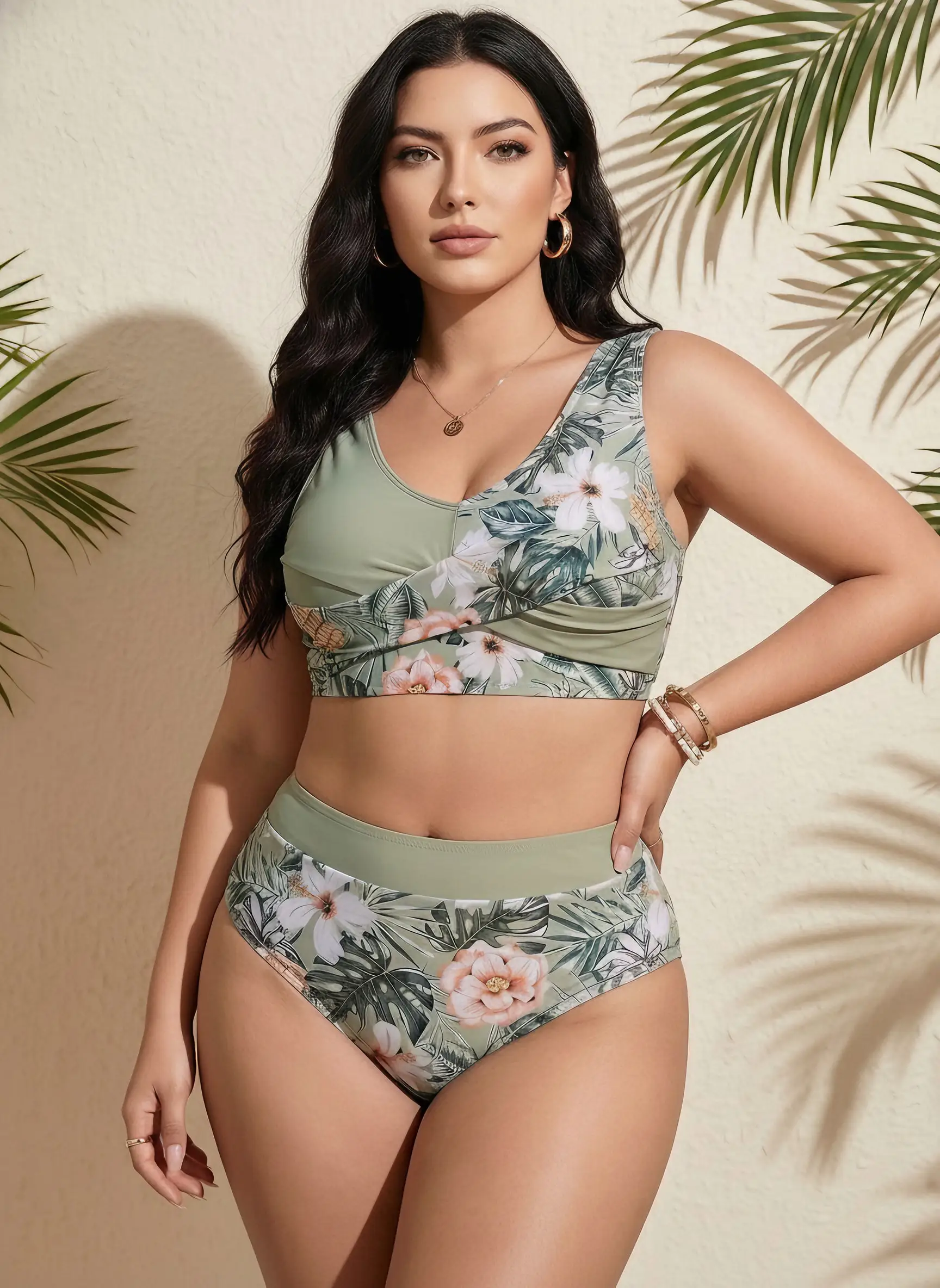 2026 Neues Matcha-Grünes Bedrucktes Tankini Zweiteiler-Set |   Badeanzüge mit Bauchkontrolle für Kurvige Frauen