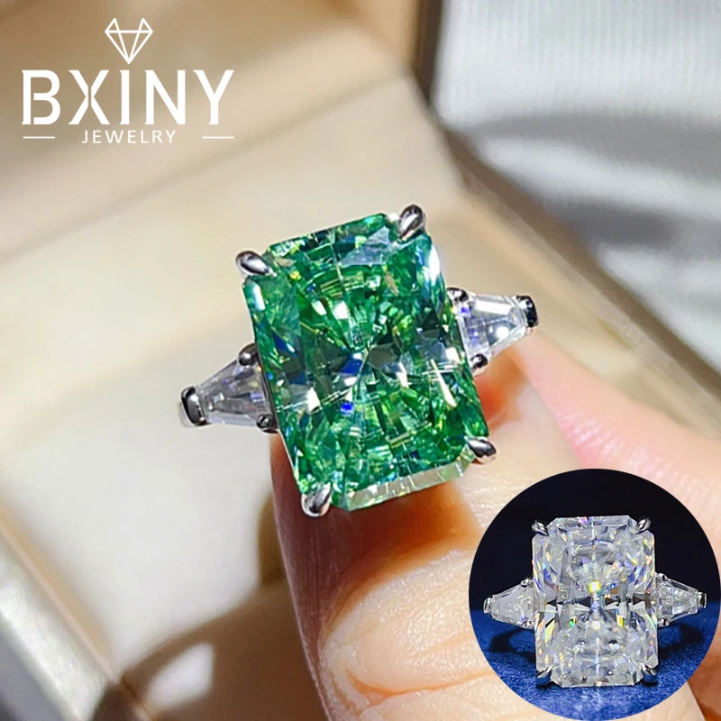 

BXINY 10CT Radiant Cut Green Moissanite Rings S925 Silver For Women Men 3-Stone Lab Diamond Wedding Band Jewelry GRA Certificate