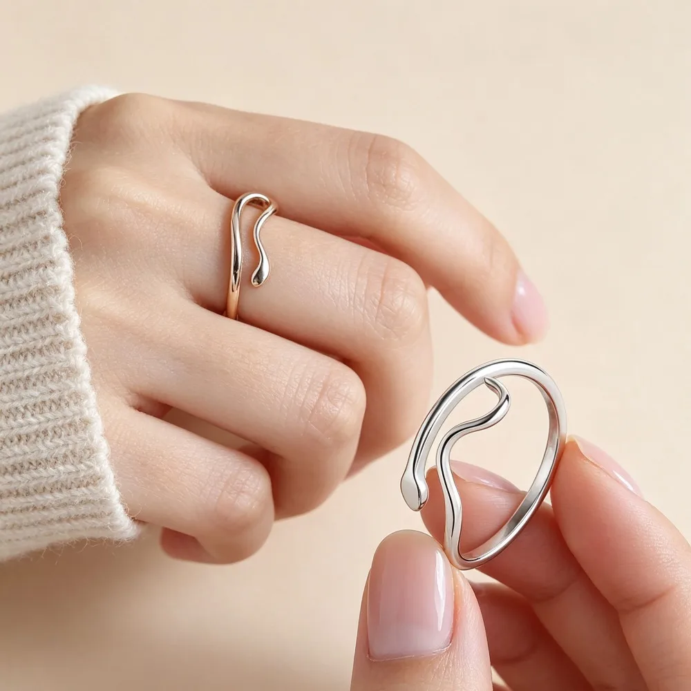 Snake Shape Open Ring Water Ripple Design Couple Finger Ring Fashion Daily Wear Jewelry