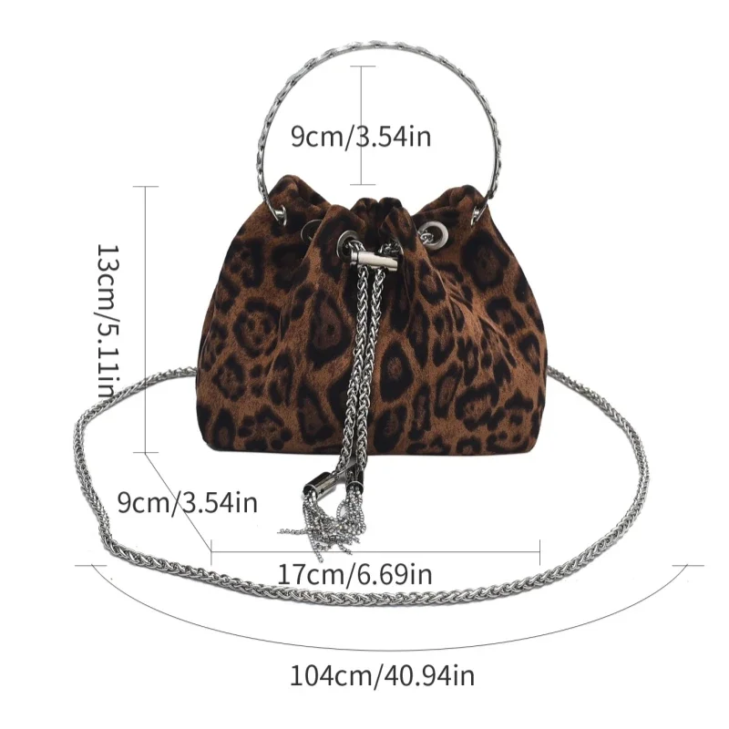 Trend Ring Strass Griff Handtasche Mode Leopard Print frauen Kordelzug Quaste Eimer Tasche Weibliche Hochzeit Party Kupplungen