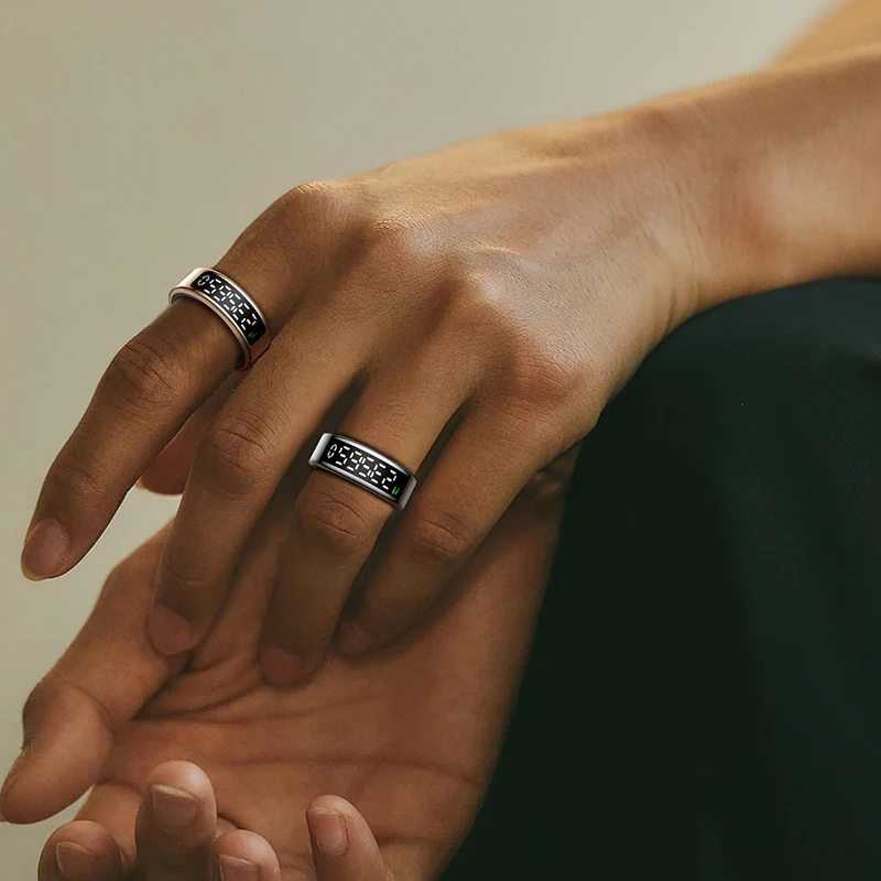 Anello intelligente con schermo di visualizzazione, dock di ricarica touch, ribaltamento della pagina, scattare foto, anello intelligente, frequenza cardiaca, ossigeno nel sangue, sonno