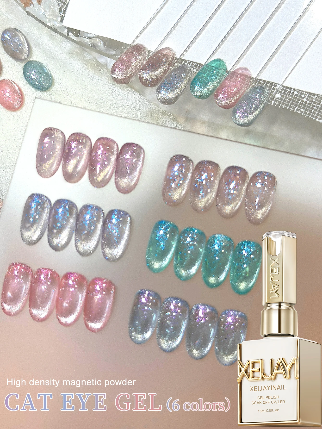 XEIJAYI 6-Color 15ml Colorful Cat Eye Gel Nail Polish Set in Multiple Colors Soak Off UV/LED Cat Eye Gel Nail Polish