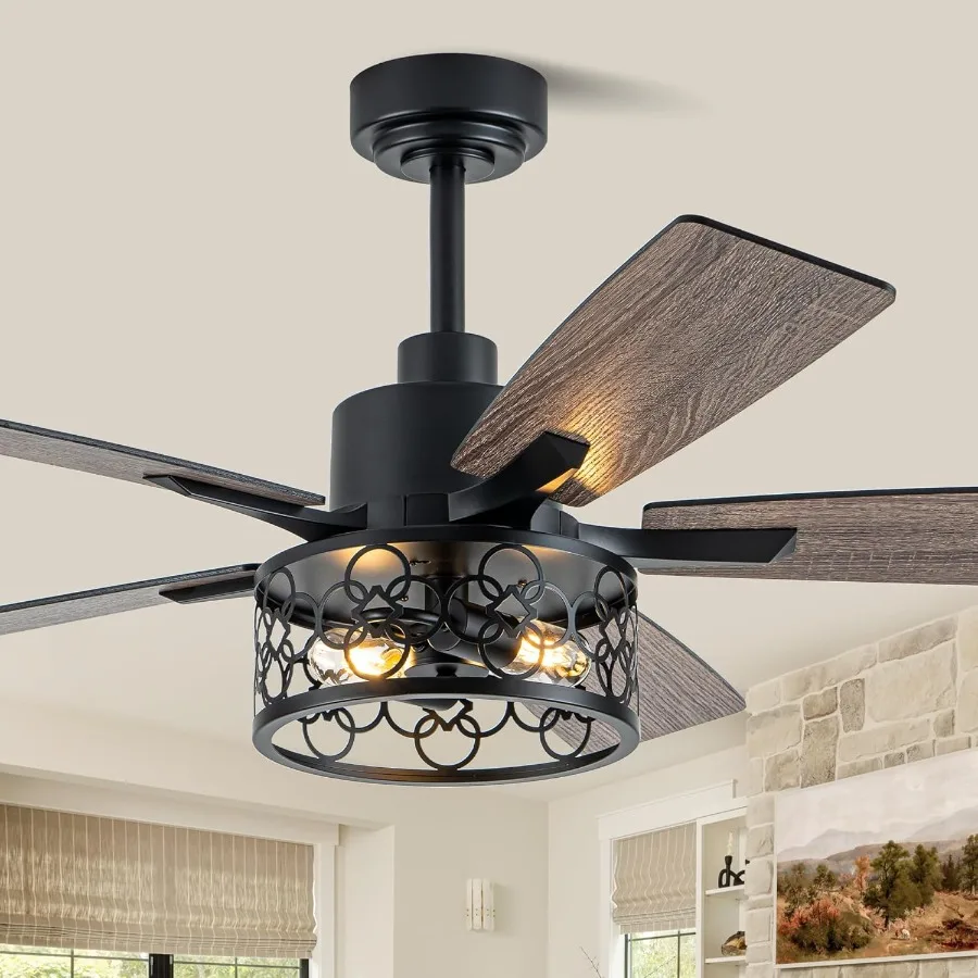

52 Rustic Caged Ceiling Fan with Integrated Lights and Remote Control Reversible DC Motor 5 Double Finish Wood Blades for Livin