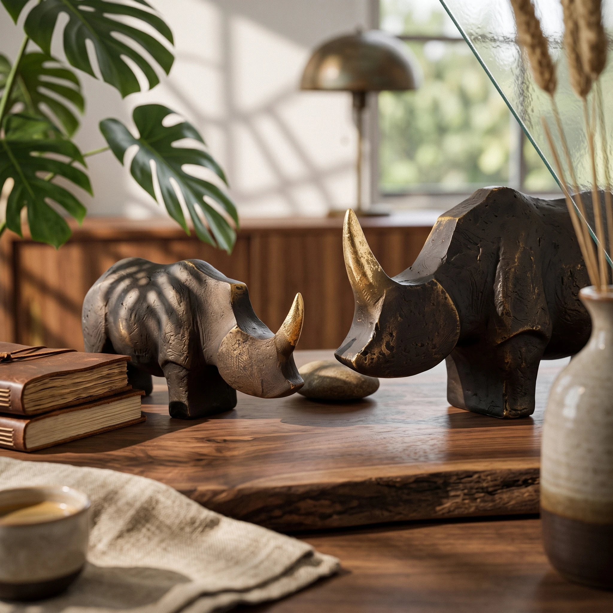 Rhino Sculpture Bronze Rhino Statue Rhinoceros Figurine Geometric Rhinoceros Statue Modern for Art Collectors, Tabletop
