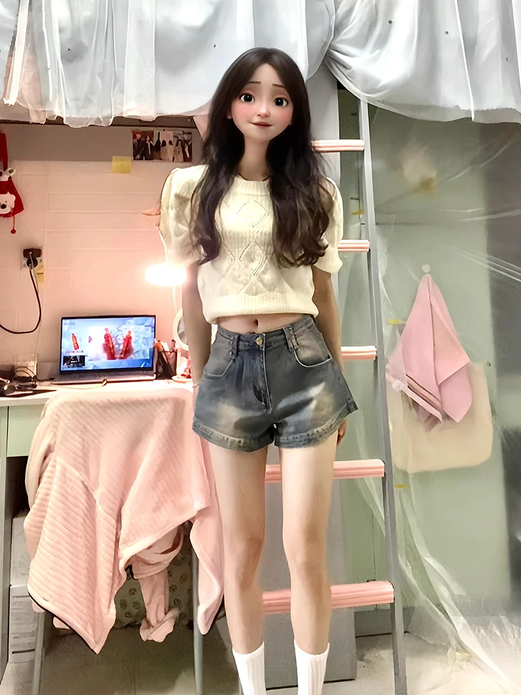 レトロアメリカンホットガールデニムオーツ女性用サマーシンハイウエストスリム万能ラップアラウンドワイドレッグホットパンツ