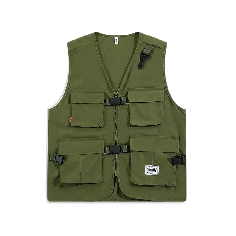 

Summer Vest Men Jacket High Street V Neck Pocket Gilet Coats Male Fashion Sleeveless Casual Cargo Waistcoat