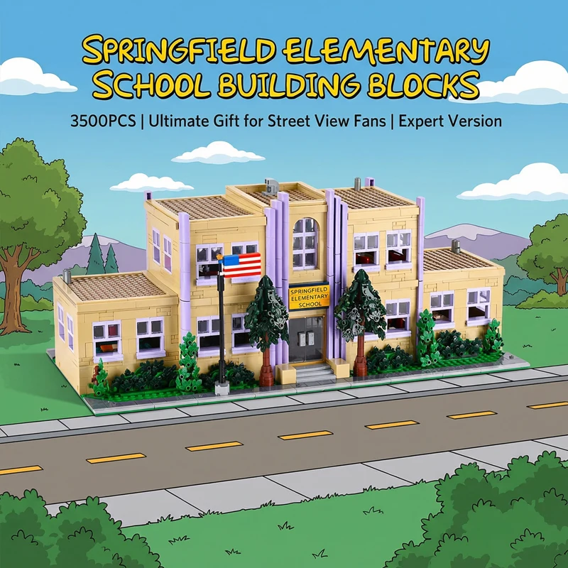 Klemmbausteine Haus Kreative Straßenansicht Springfield Grundschule Bausteine Modulares Modell Montage-Bausteine Spielzeug Feiertagsgeschenke für Erwachsene und Kinder Wohndekoration (3500 Teile)
