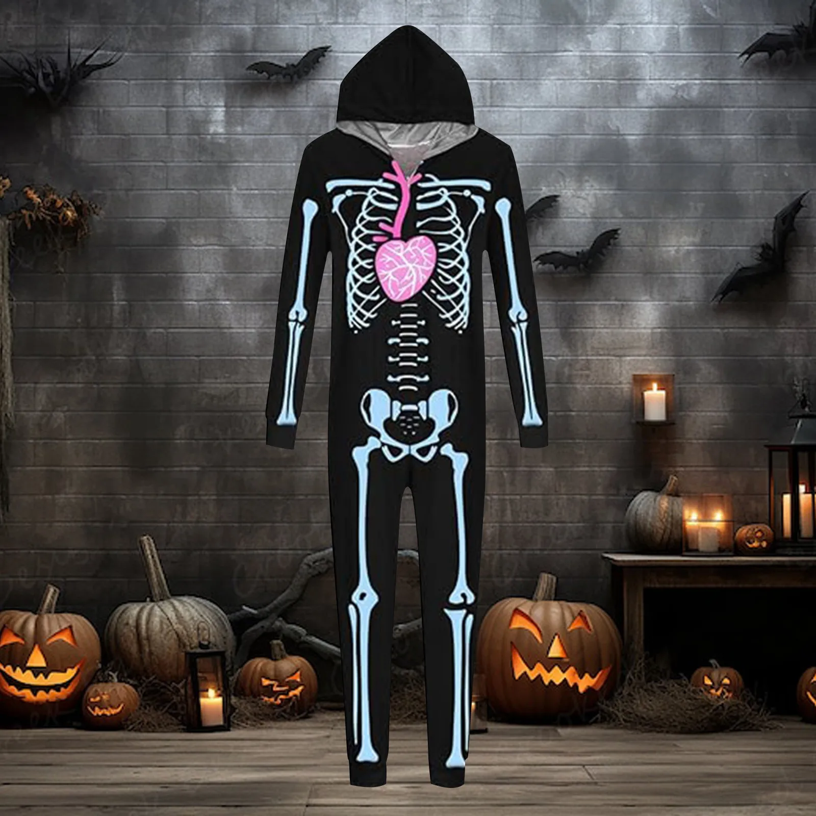 Halloween Scary Skeleton Costume for Adult Kids Family Horror Skull Jumpsuit Carnival Party Hodded Halloween Parent-Child Pajama