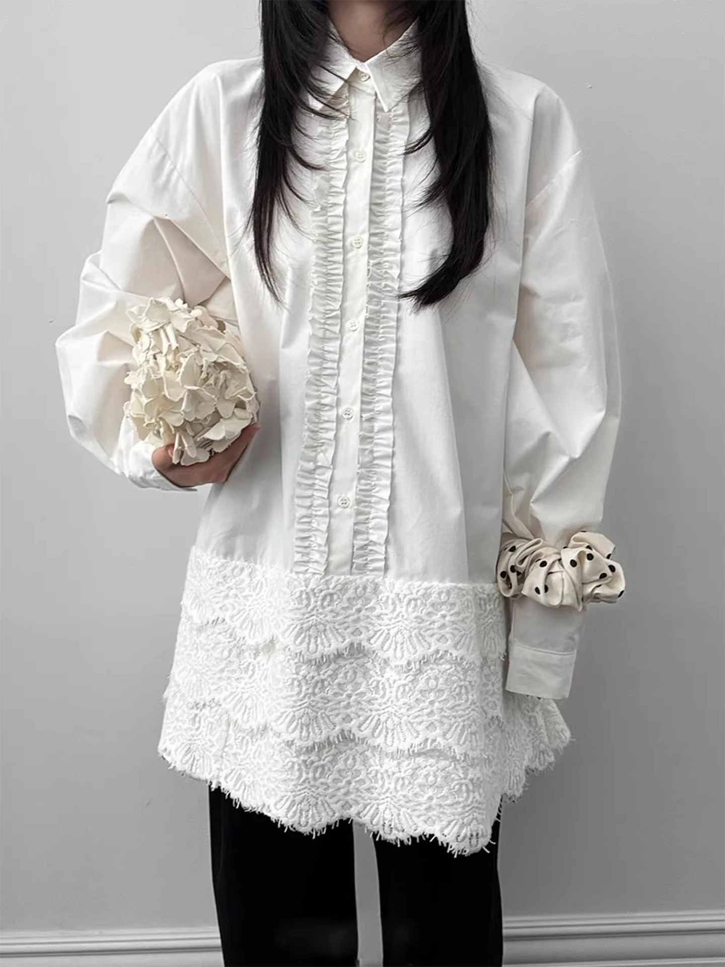 

Женская повседневная белая рубашка Liangliang Home в нежном стиле с длинным рукавом, с изысканной кружевной отделкой, свободного кроя, из полиэстера, новинка весны