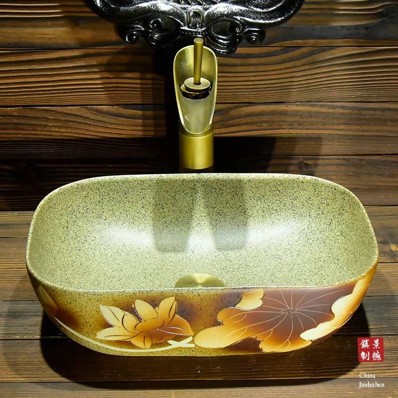 Porcelain Bathroom ceramic counter top sink Rectangular wash basin popular in europe art basin lavabo hand painted sink