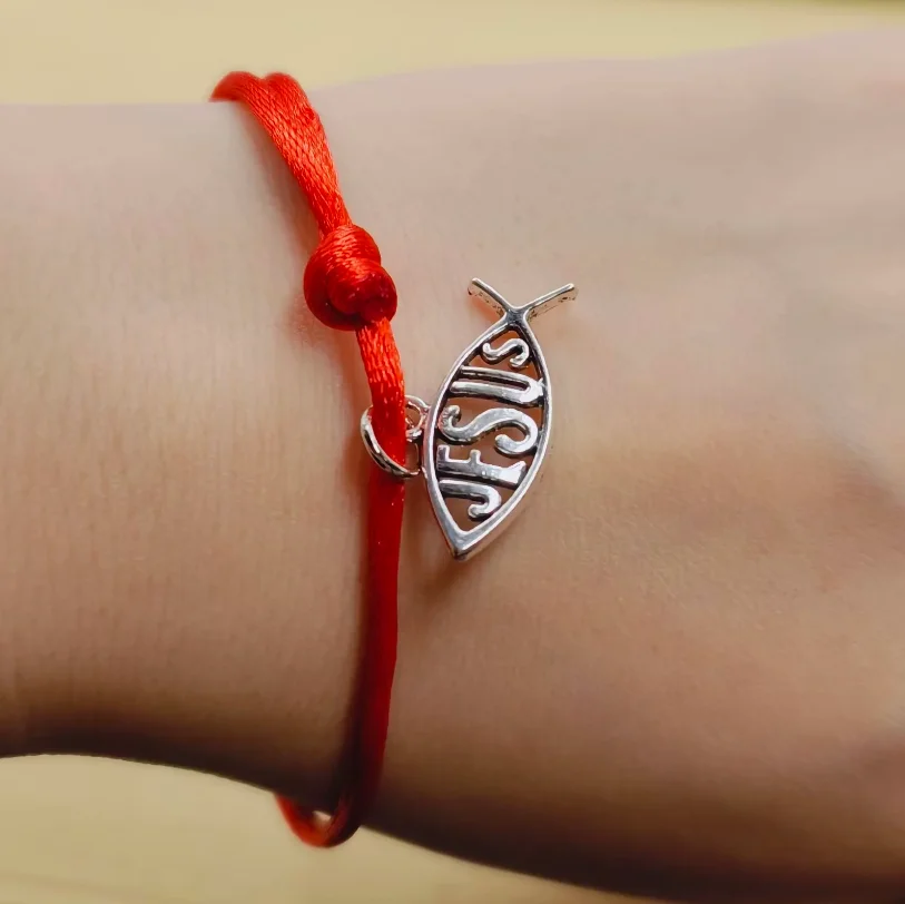 Ichthys Jesus Fish Bracelet Bangle For Women Children Red String Adjustable Amulet Handmade Friendship Bracelet DIY Jewelry Gift