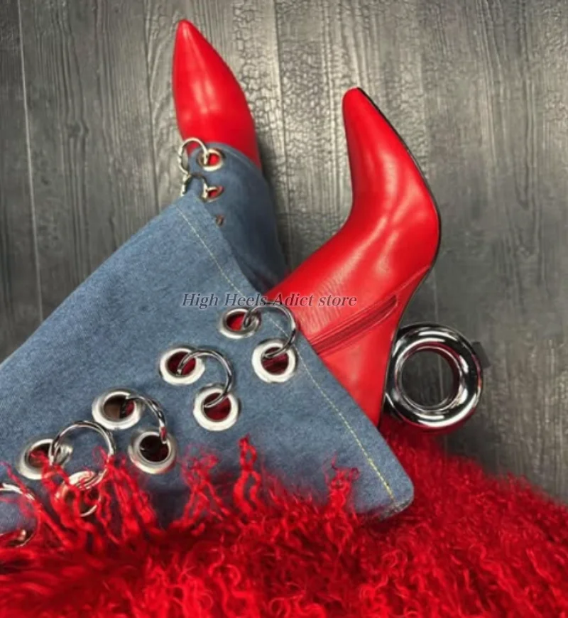 

Women‘s 2026 new in metal round heel red leather ankle boots pointy toe sexy strange style luxury designer booties party shoes