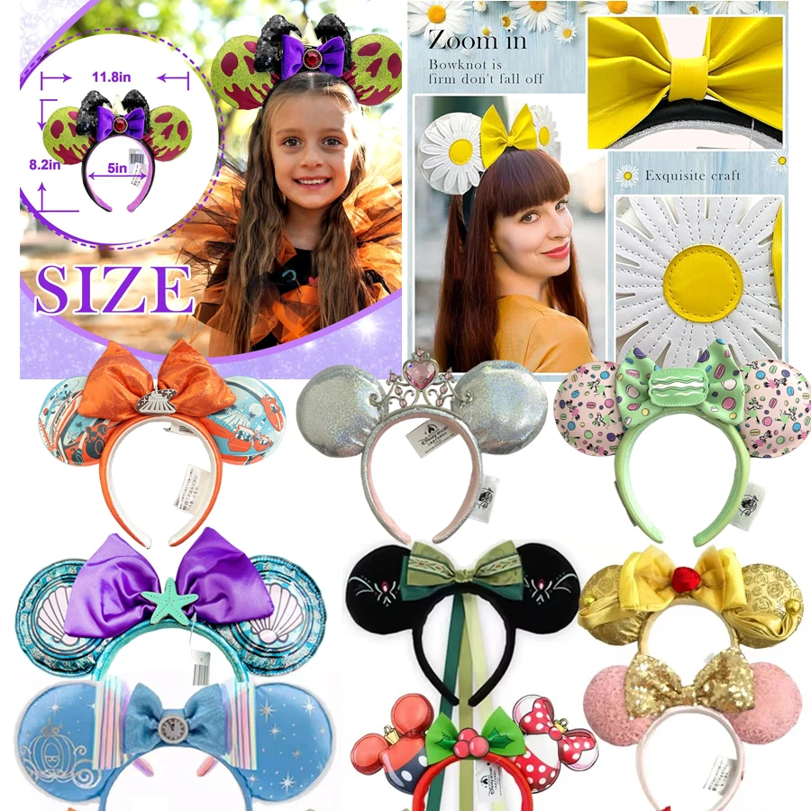 

Disney Princess Mickey Mouse Headband Minnie Ear Rapunzel Snow White Sequin Bow Hair Hoop Gift Girl Accessories Christmas Gift