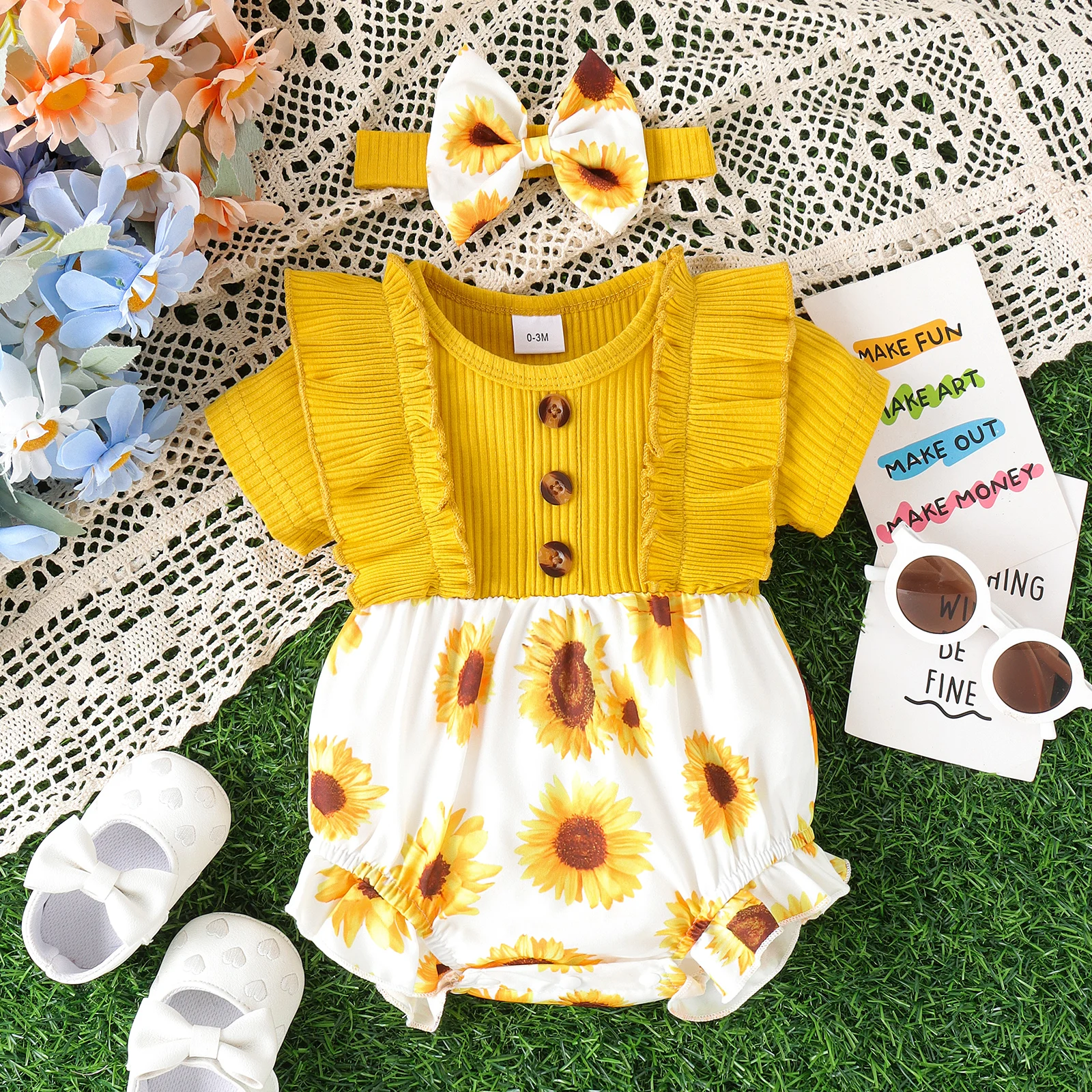 2PCS 0-2 Years Old Fashion Trend Cute Baby Summer Comfortable Multi-Color Pit Strip Patchwork Print Clear Onesie