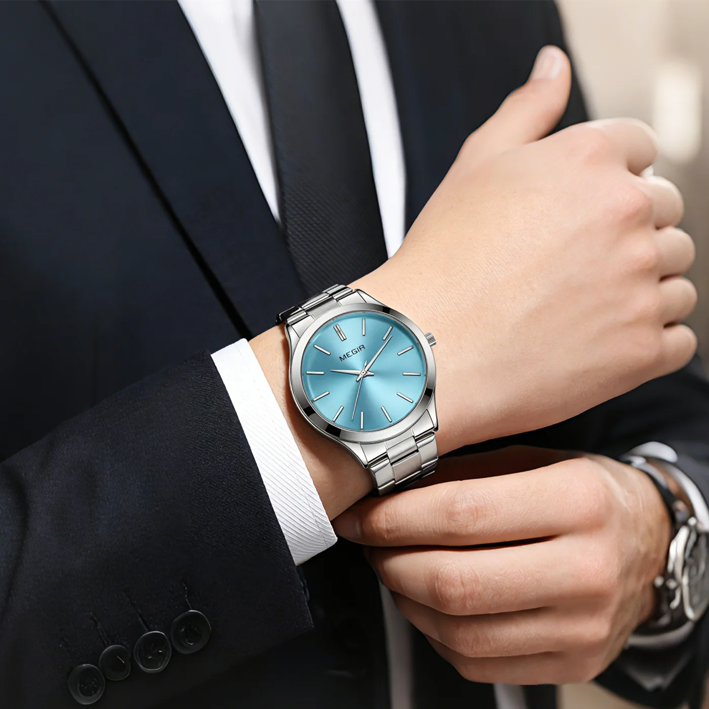 MEGIR Men Business Watches Large Dial Analog Quartz Movement Stainless Steel Band Waterproof Wristwatch Casual Minimalist Style