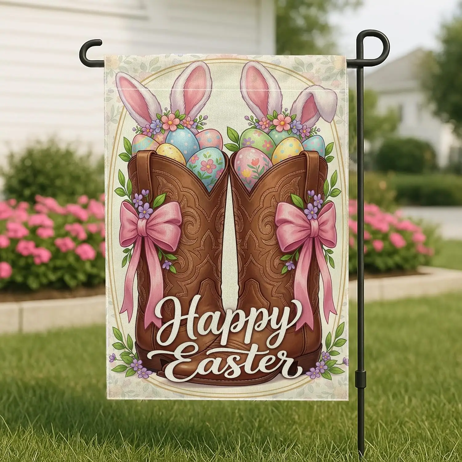 Boots Garden Flag, Spring Festive Easter Eggs Flowers Easter Brown Burlap Double Sided Small Garden Yard Flag for Outdoor La ZZM