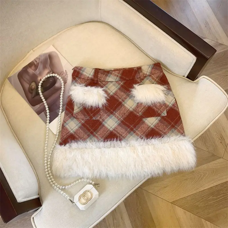 Nice Red Vintage Plaid Patchwork A-line Skirt Women Autumn Winter High Waist Skirts Women Clothing Winter Sweet Sexy Pocket Dres