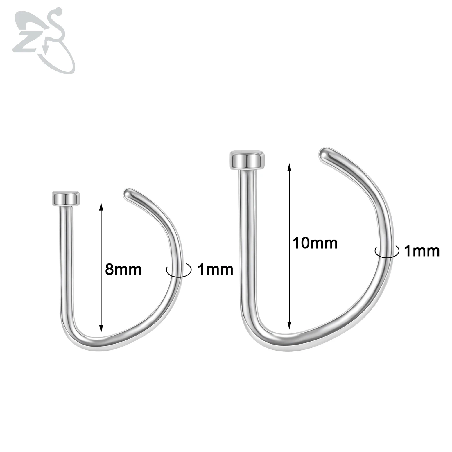 ZS 1 Piece Curved Barbells Fake Nose Ring 18G D Shaped Stainless Steel Nose Piercing 8/10MM Helix Tragus Piercing Body Jewelry