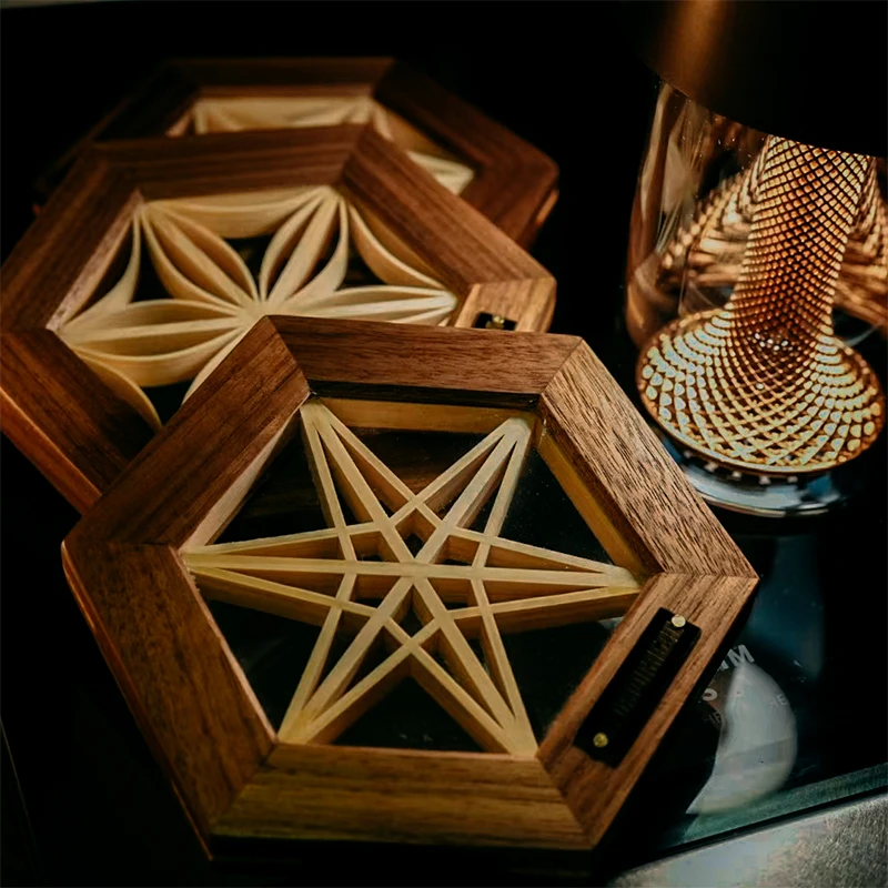 Camping wooden coasters, hexagonal wooden coasters, glass and solid wood splicing anti slip cup coasters